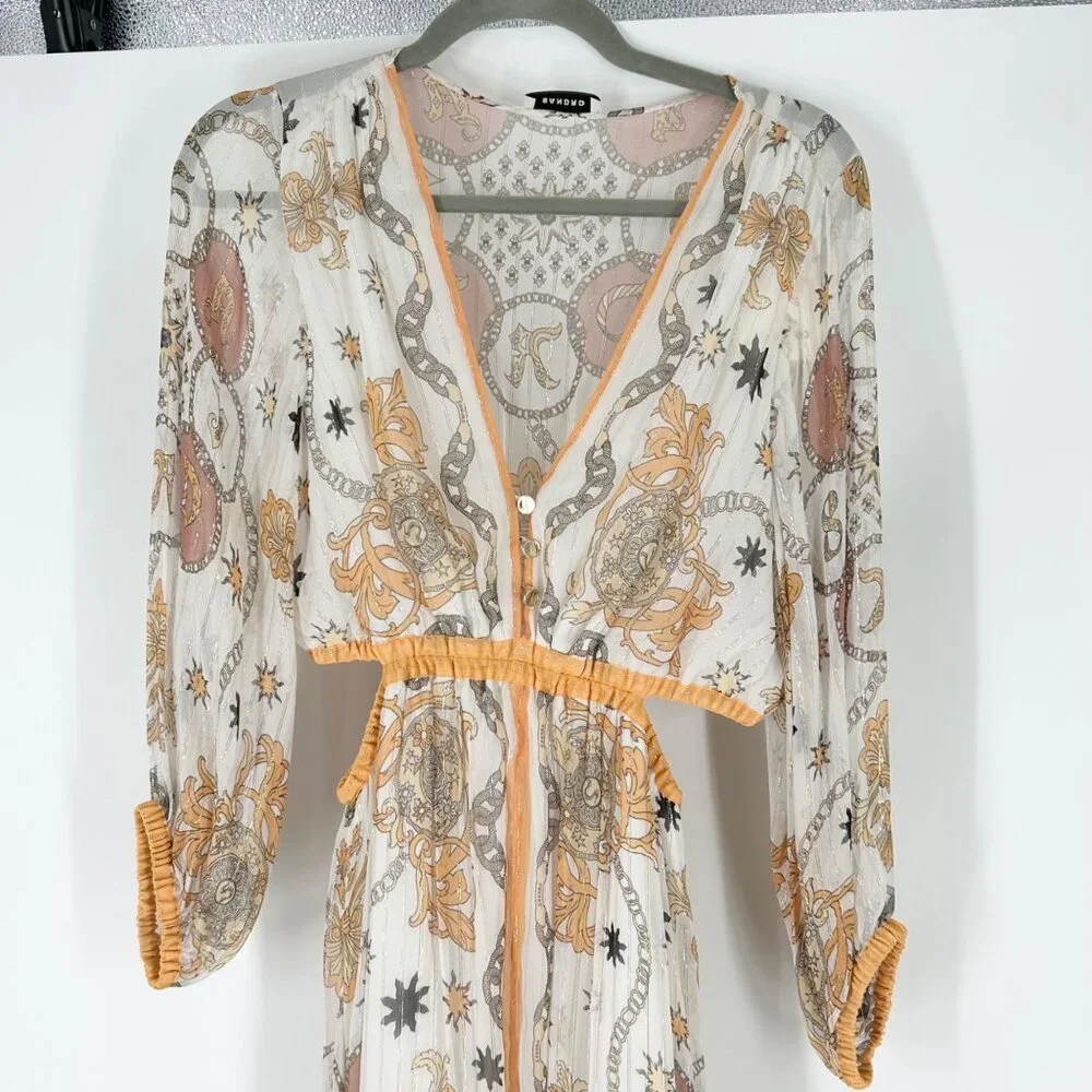 NWT Sandro Valldemossa Metallic Scarf Print Cutout Maxi Dress 36